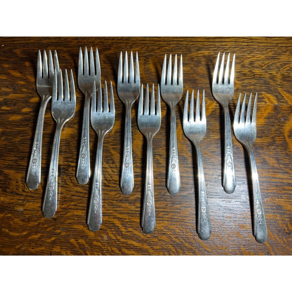 Vintage Crosby Silver Plate Salad Forks Set of 10 Floral Pattern 6"